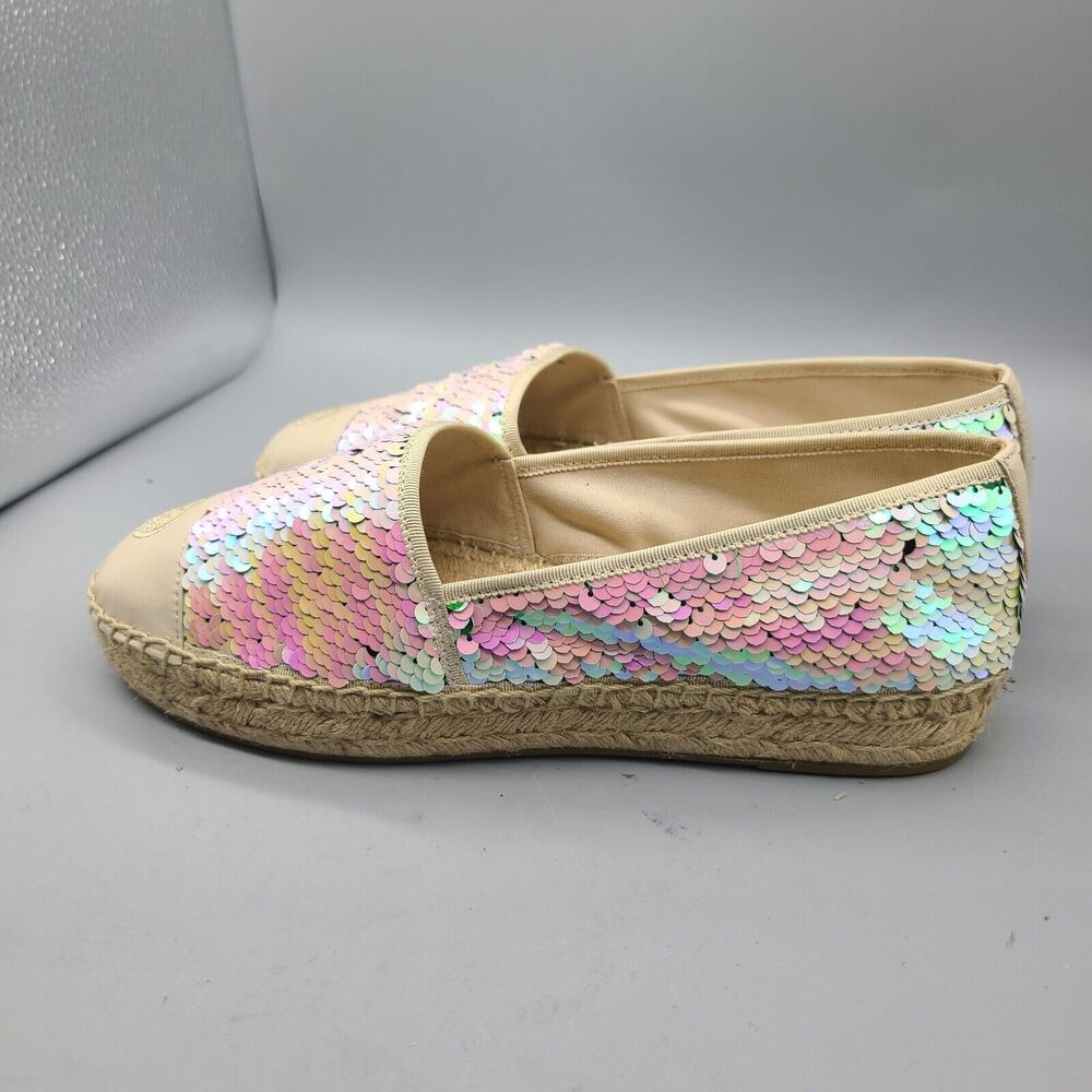 Tory Burch women flats sz 10 sequin espadrilles  ivory green logo new - Picture 6 of 13